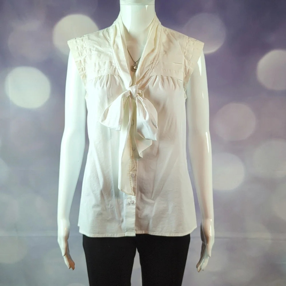 Ann Taylor Cap Sleeve White Pleated Button Down Cotton Bow Blouse sz M